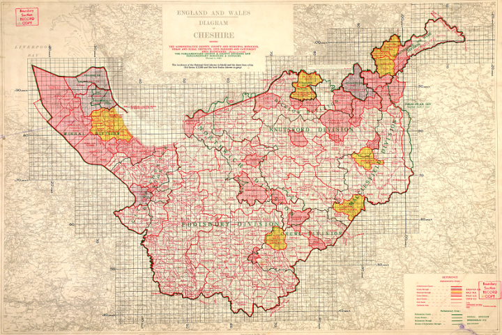 A map sketched professionally and precisely in red over a grid. This is a 1949 map of Cheshire from the Ordnance Survey's Administrative Area Diagrams Archive (catalogue reference OS 76/204).