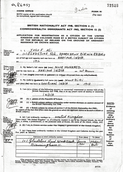 A completed application form for a registration of British nationality from 1966.