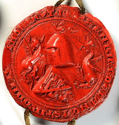 Photograph of a red seal featuring two dragons, used by Henry of Lancaster, Edward I's nephew. The seal is dated 1301. The catalogue reference is E 26/1