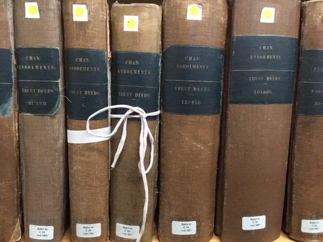 The indexes to trust deeds up to 1870, held in series C 54. These indexes are held in the reading rooms of The National Archives at Kew.