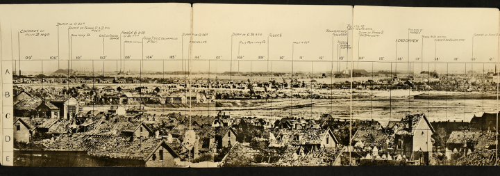 Cross-section (around a third of the full length) of a monochrome panorama of Lens in June 1917 (catalogue reference WO 316/28). The photograph shows houses and fields and has been labelled to show the locations of various features.