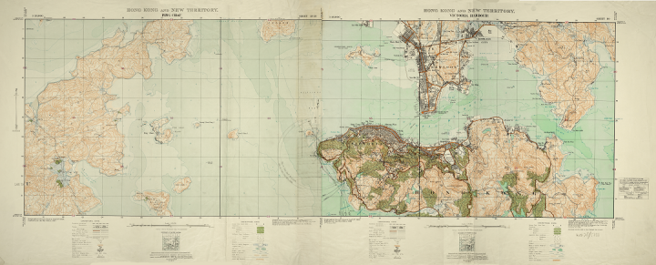 A colourful geographic military survey map of Hong Kong from 1932 (catalogue reference WO 78/5333).