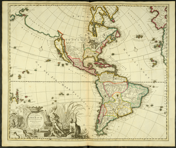 An artistically drawn early 18th century map of America, one of the relatively small number of published maps held at The National Archives. In the bottom left corner is an illustration which includes a seated and a kneeling figure.