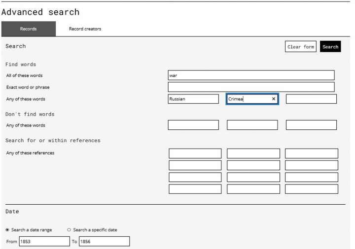 An advanced search in Discovery for the word war with either Russian or Crimea. Date range 1853 to 1856.