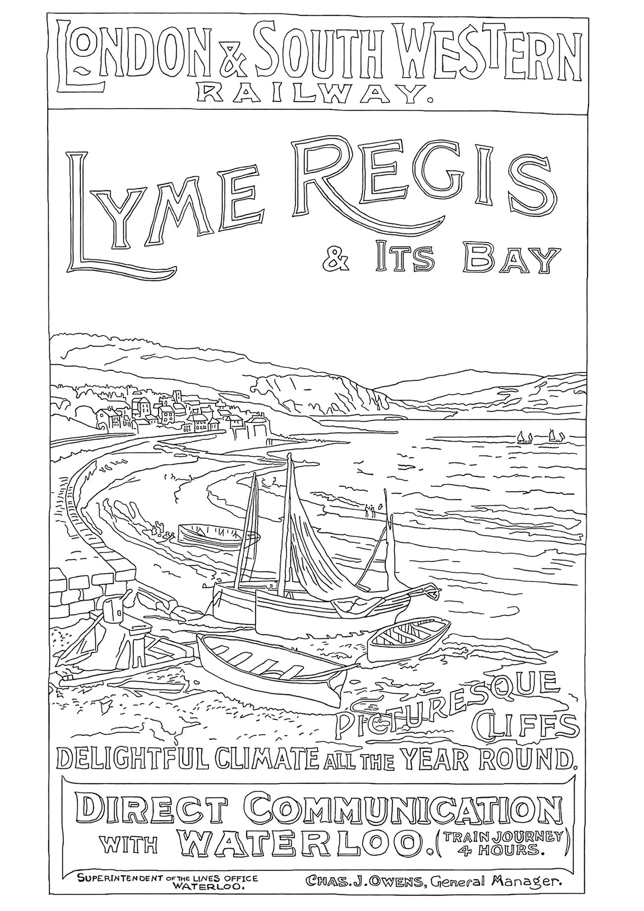 A black-on-white outline of a brightly coloured London and South Western Railway poster promoting Lyme Regis in Dorset, announcing that it has a “delightful climate all the year round!” Small boats are in the foreground. People bathe in the sea and along the beach. A promenade leads to a cluster of houses and a jetty. Hills and cliffs are in the background.