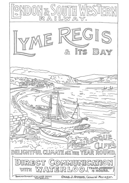 A black-on-white outline of a brightly coloured London and South Western Railway poster promoting Lyme Regis in Dorset, announcing that it has a “delightful climate all the year round!” Small boats are in the foreground. People bathe in the sea and along the beach. A promenade leads to a cluster of houses and a jetty. Hills and cliffs are in the background.