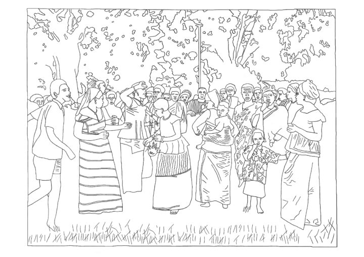 A black-on-white outline depicting a large group of people. Some in the foreground are dancing, one woman carrying a baby tied to her back. Some of the women are dressed in similar tops and long skirts. Others wear patterned fabrics. The crowd at the back looks on, either at the dancing or at the camera.