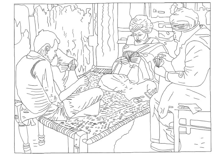A black-on-white outline depicting four men are seated in a quiet area of a Delhi street enjoying a game of cards together. Two elderly gentlemen are wearing turbans. A player on the left has his head uncovered and is considerably younger. The fourth player is largely obscured. 