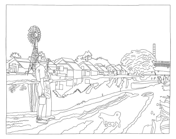 A black-on-white outline depicting a man carrying something resembling a box camera. He wears brogue shoes, a white shirt and shorts. We can’t see his face under his hat, but he surveys a set of buildings including a windmill, a distant factory and a set of workers houses. The scene is reflected in the canal beneath. He is accompanied by a small black dog.