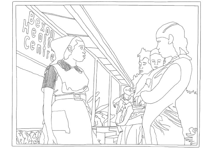 A black-on-white outline depicting a close up of a middle aged nurse, talking to two younger women in front of Bexon Health Centre. One of the women is holding a very young baby.