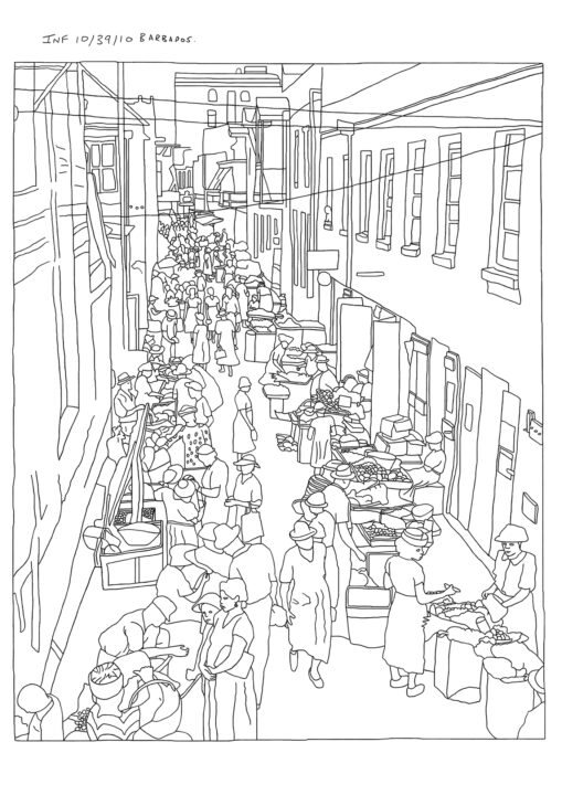 A black-on-white outline depicting a busy street with tall buildings offering shade to the scene below. It is a market day with traders lining the street, selling fruit and vegetables to the customers. Some of the buildings have balconies jutting out over the street. One features a sign for a lunch parlour.