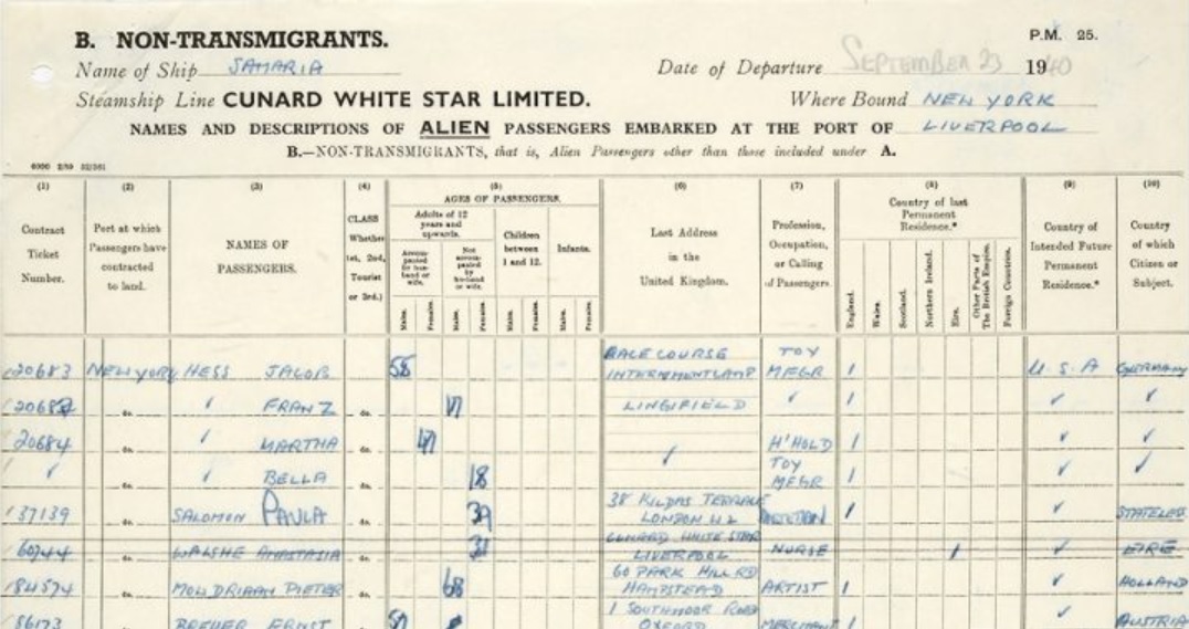 An image of the first few entries in a passenger list from 23 September 1940 for the RMS Samaria, bound for New York from Liverpool (catalogue reference BT 27/1557). This list shows passengers who were not British nationals.