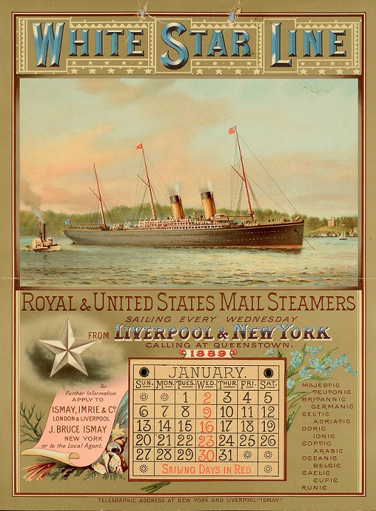 A reproduction of an advertisement from 1889 for the White Star Line (catalogue reference COPY 1/930). White Star Line ships transported tens of thousands of British emigrants to Canada and the United States in the late 19th and early 20th centuries.