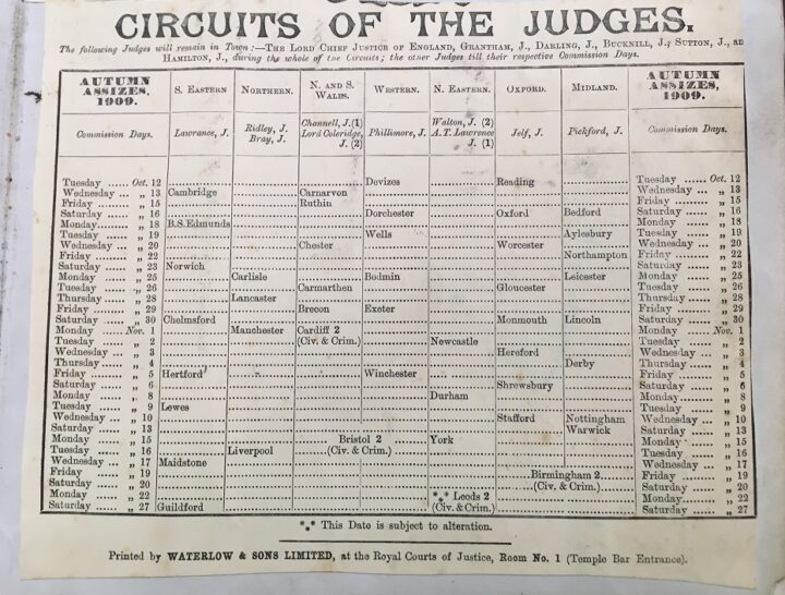 A typescript table showing the judges' circuits with scheduled dates for the Autumn assizes in 1909. As shown in the image, there were seven circuits at this time.