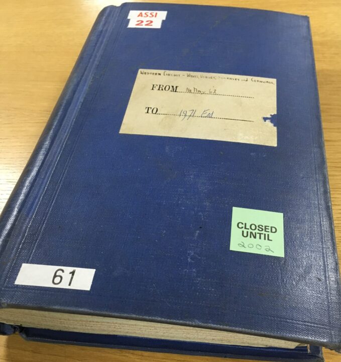 A hefty, bound minute book covering Western Circuit civil trials that took place between 1962 and 1971 (catalogue reference ASSI 22/61).