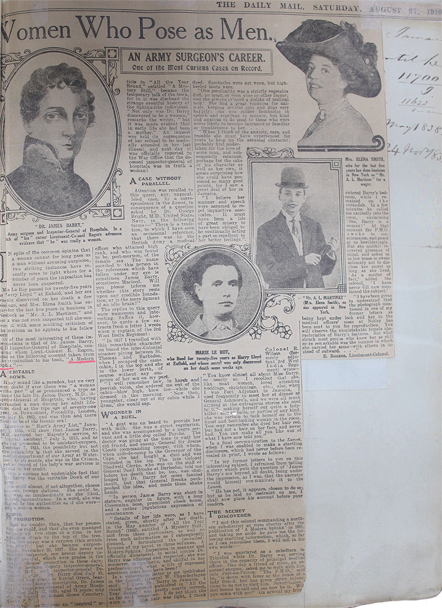 Newspaper article with the headline ‘Women Who Pose as Men’ alongside portraits of four people. The section on Dr James Barry is underneath an oval portrait of him from the shoulders up.