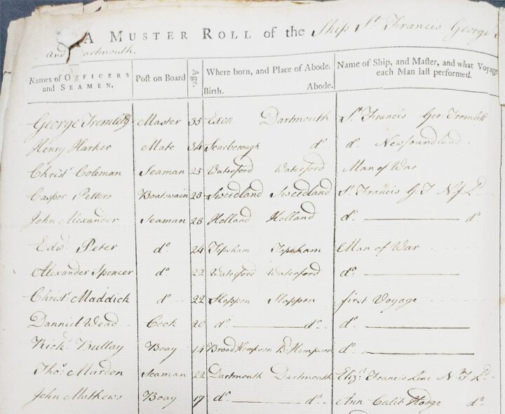 Hand written and laid out in columns the image shows a ship's muster roll 1770-1775 (catalogue reference: BT 98/3)