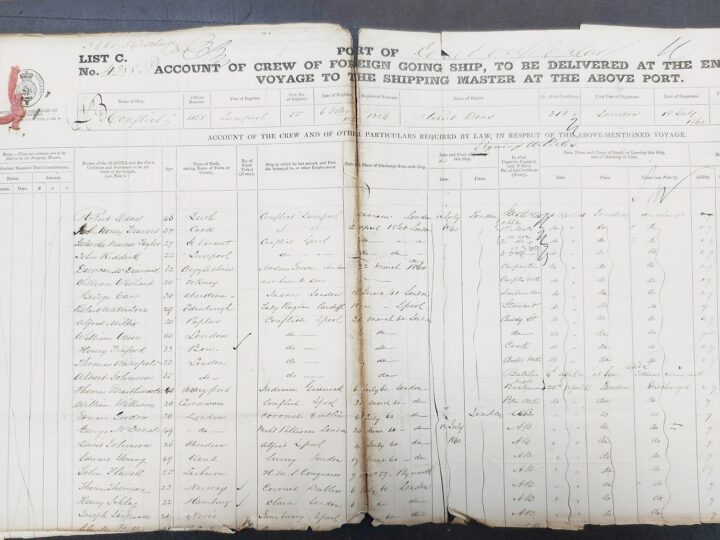 Columns of names and other data, entered in hand, in a ship's crew list and agreements 1861 (catalogue reference: BT 99/4)