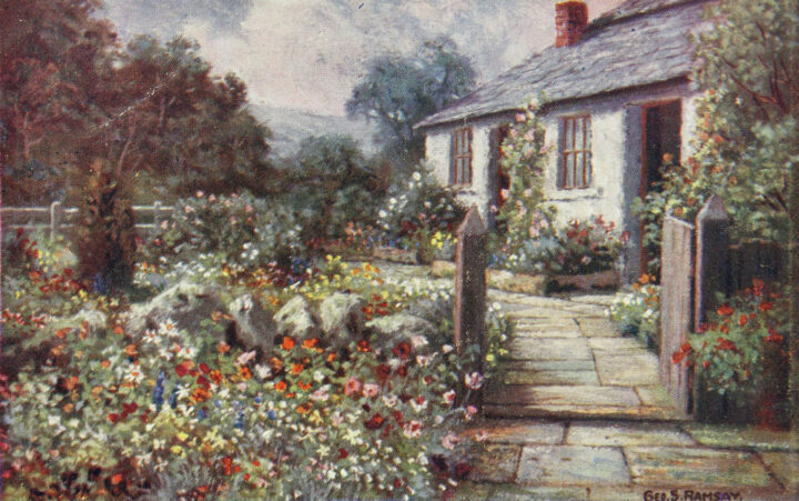 Painting of a stone path winding through a garden of small rocks and multi-coloured flowers towards a slate roofed cottage. 