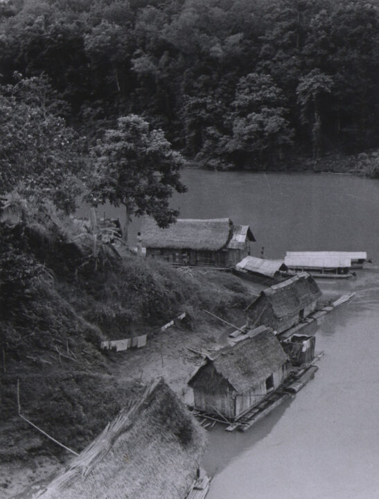 Group of thatched roof houseboats, situated on a curve in the river with tree lined hills and washing drying on the adjoining land.