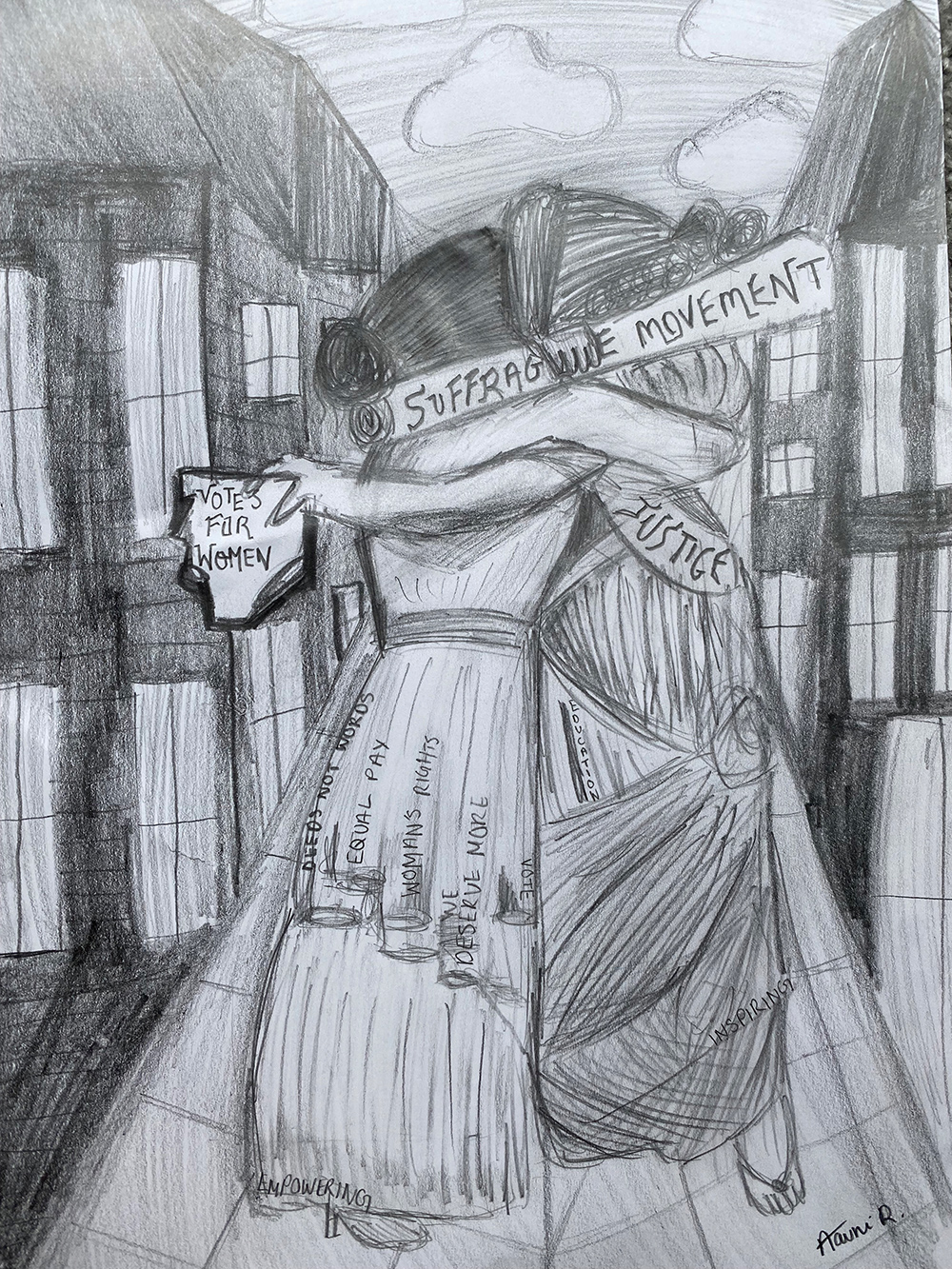 Pencil drawing of two women embracing with a banner saying 'Suffragette movement' over their faces.