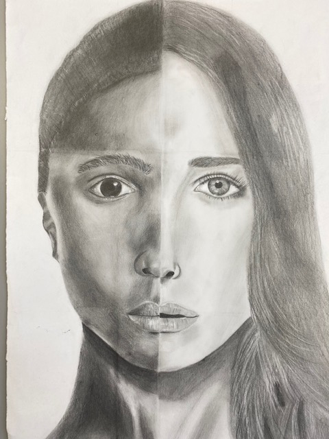 Pencil portrait of a face. The left side of the face is a Black woman and the right is a white woman.