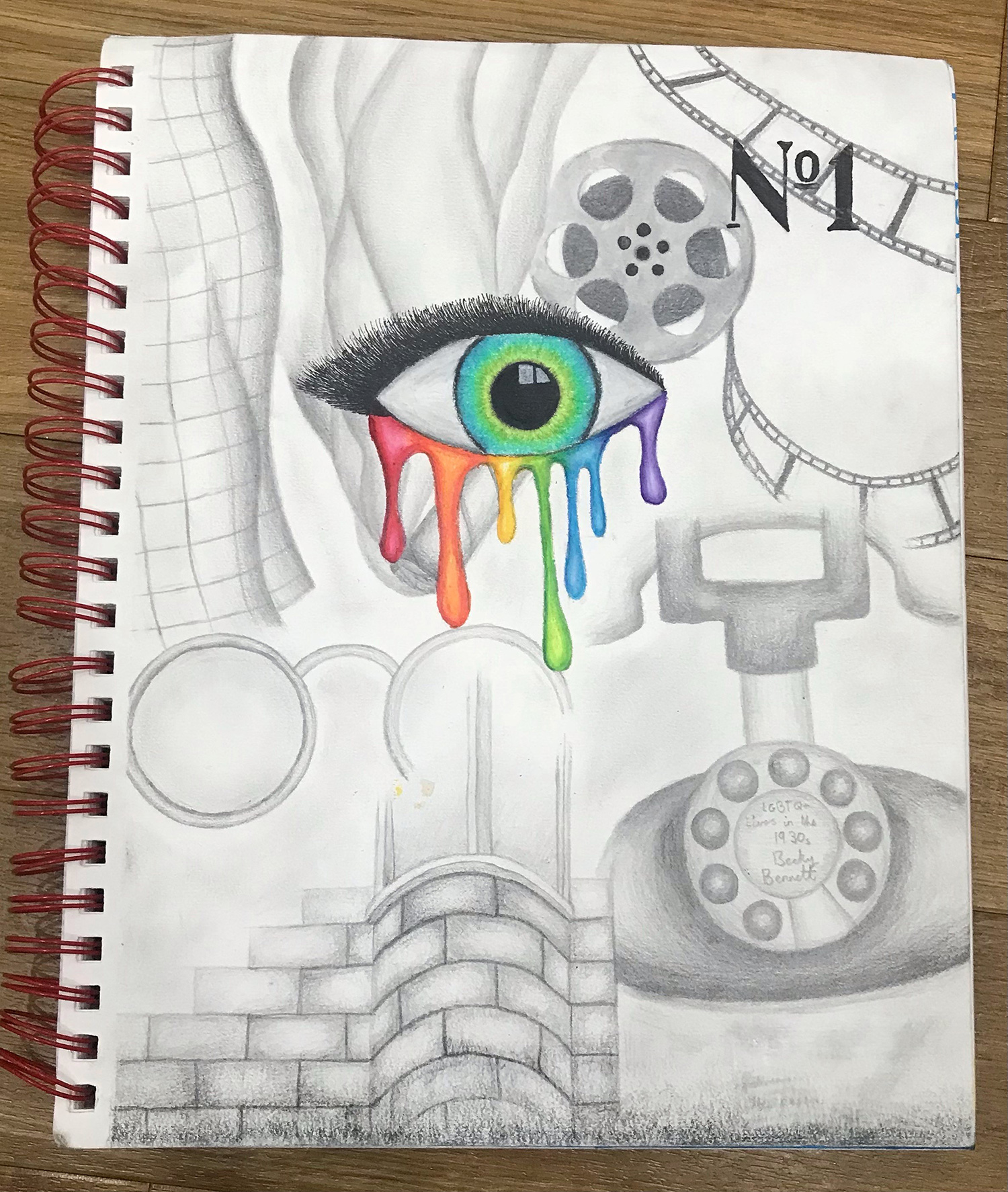 Pencil drawing of an eye that is crying rainbow tears against the grey images in the background.