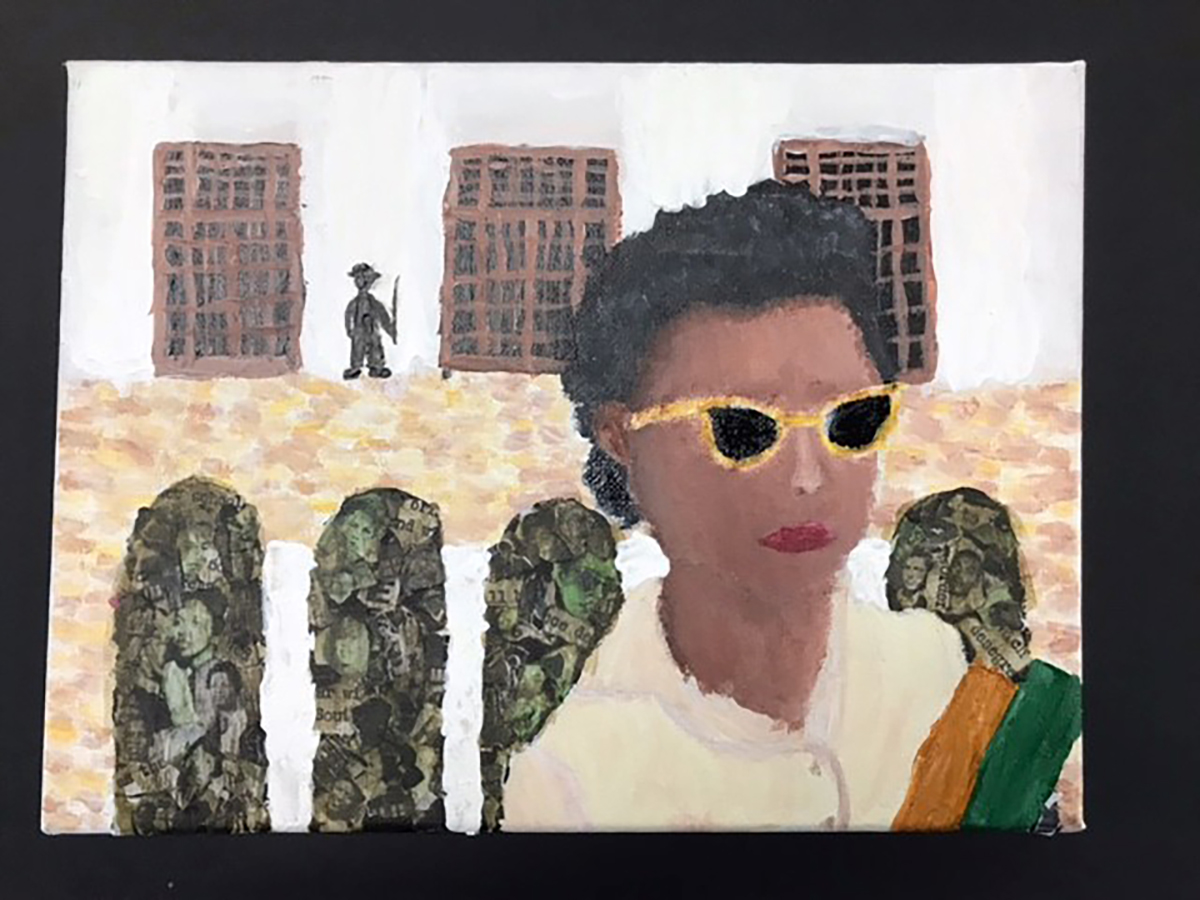 Painting of an African-American girl with sunglasses holding books, in front of a building with an armed guard outside.
