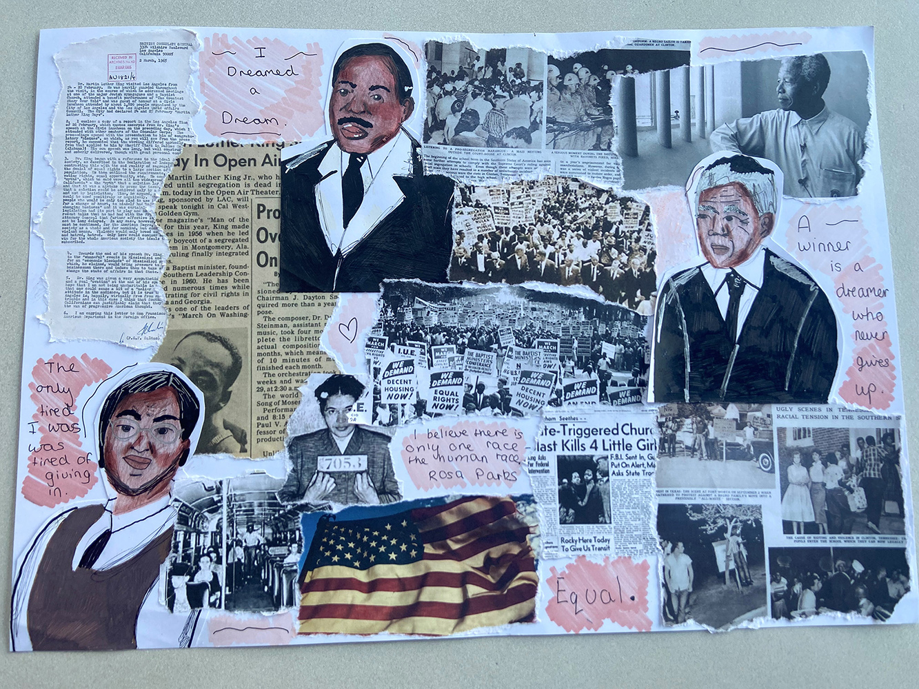 Collage artwork featuring three pencil portraits of historical Black figures interspersed with newspaper clippings and images.
