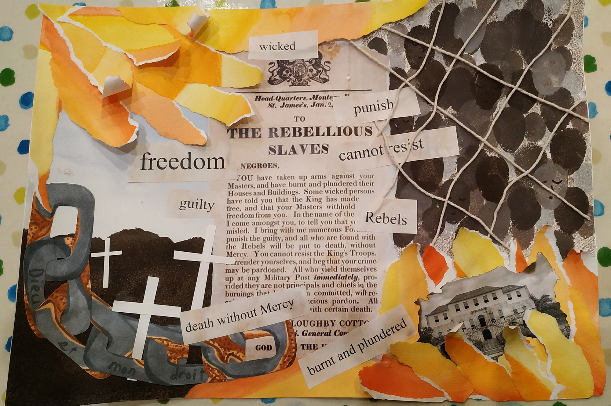 Collage artwork showcasing a historical text titled 'The Rebellious Slaves' surrounded by images of flames, chains, and people's faces behind wire.