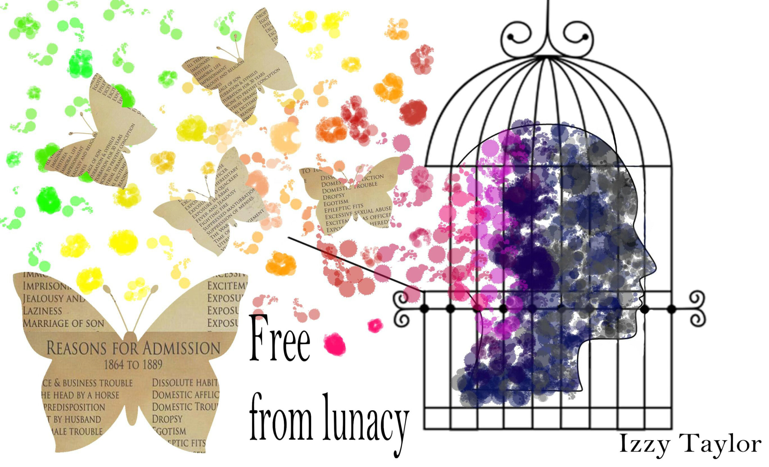 Artwork depicting a head in a birdcage, dissolving into rainbow dots and butterflies next to the words 'Free from lunacy'.