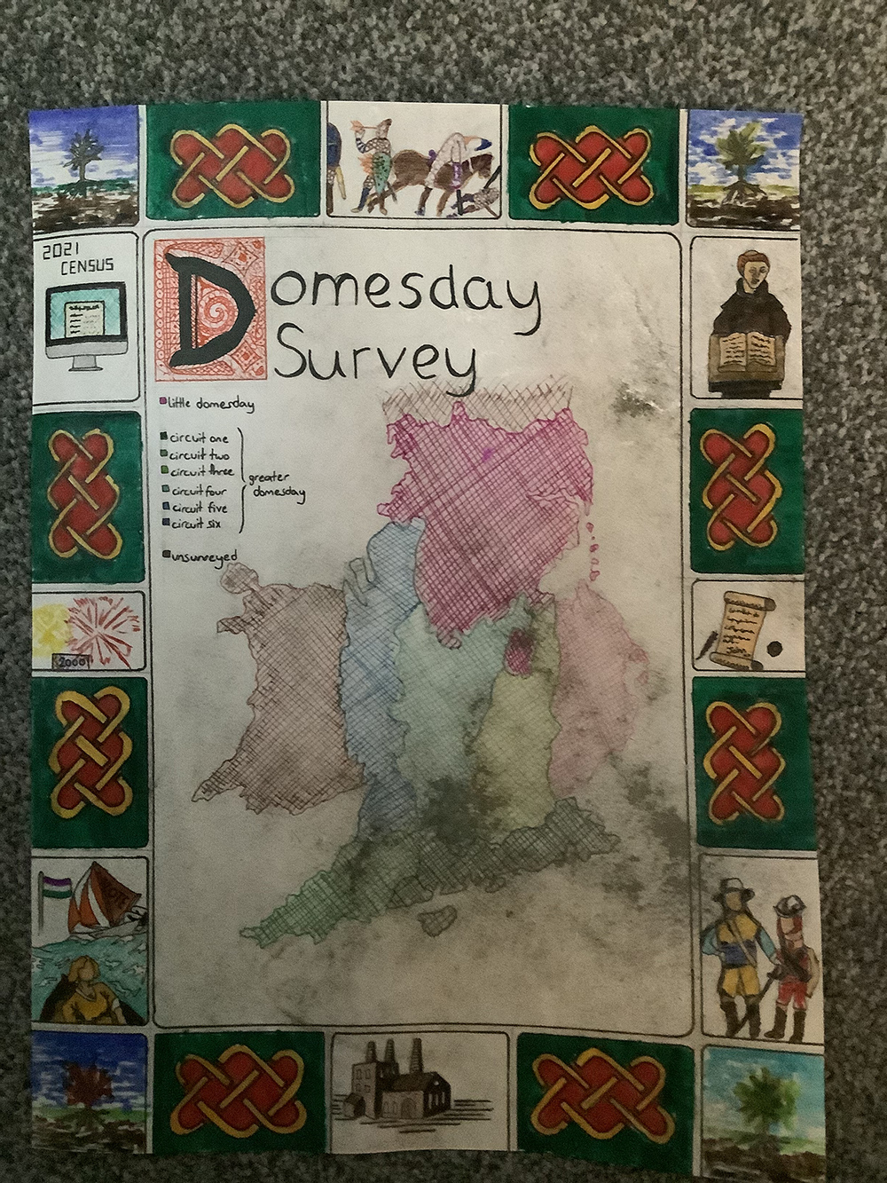 Work on paper showing a map of England and Wales underneath the words 'Domesday Survey' with a border of small images in squares.