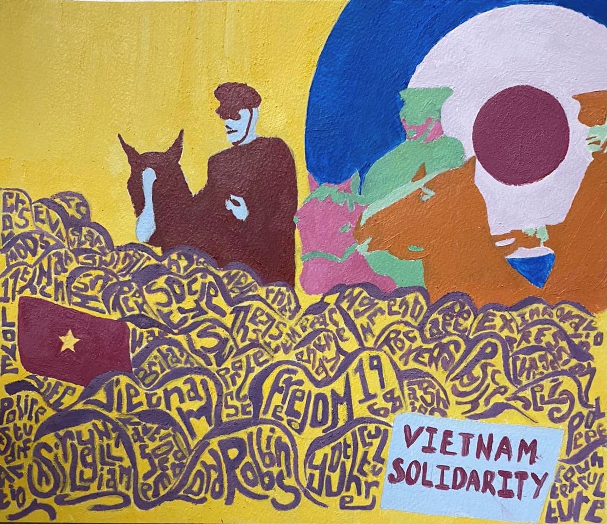 Painting with bright colours of police on horses in front of a protest that is represented as a mass of words related to the topic. A sign saying 'Vietnam Solidarity' is visible.