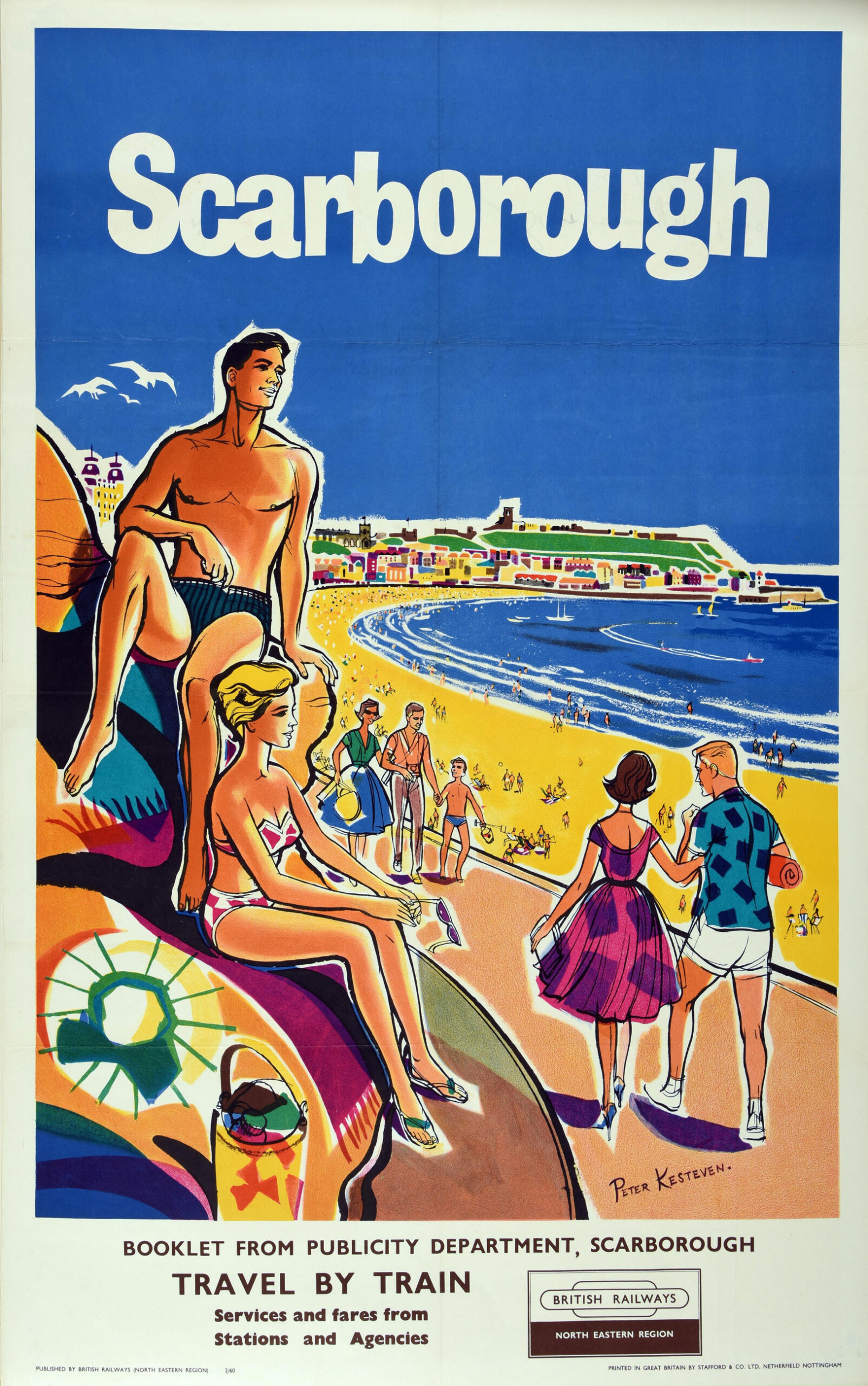 Illustration of sunbathers at Scarborough beach the the bay in the background