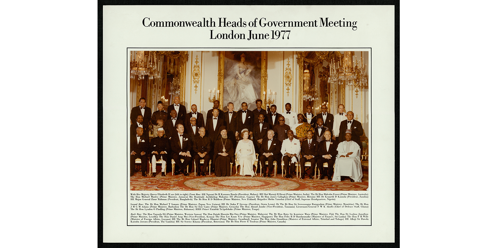 Group photograph of the Commonwealth Heads of Government taken in June 1977. The Queen is pictured in the middle of the photograph. (CO 1069/874).