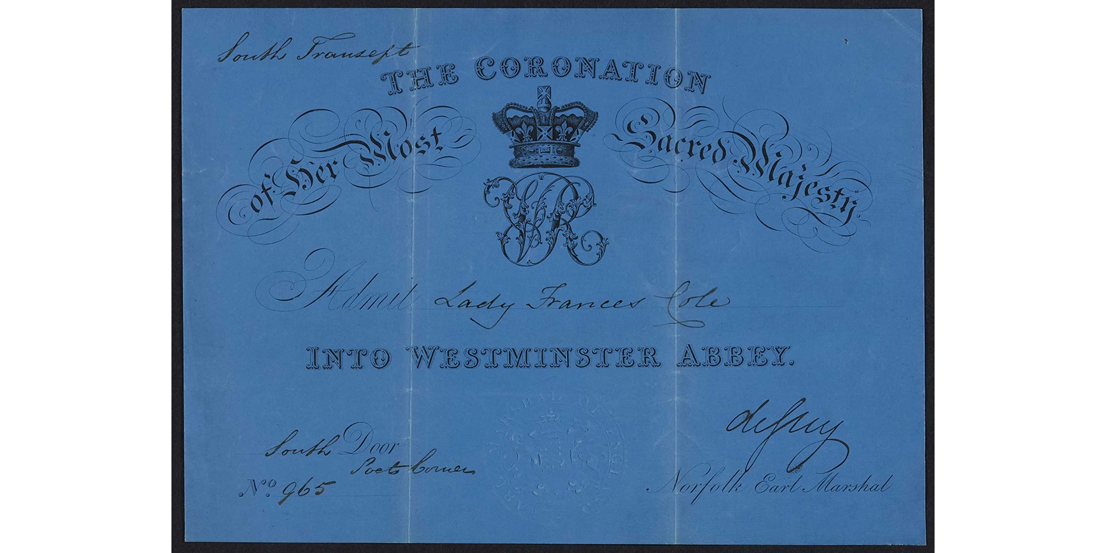 Ticket printed on blue card. The invitation text has been printed in ornate type, with the specific ticket details (such as seat number) written in a cursive hand. The crown insignia is centred, toward the top, with the initials ‘VR’ just below in large embellished capitals.