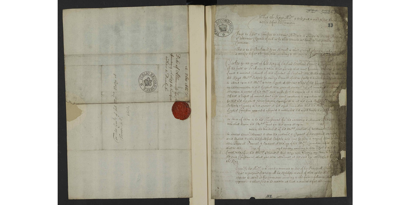 Hand-written document for Charles II's attention. A red wax seal is in the centre.