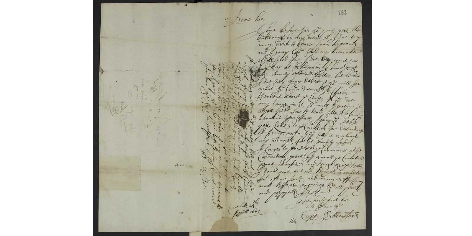 Hand-written letter concerning the coronation of Charles II.