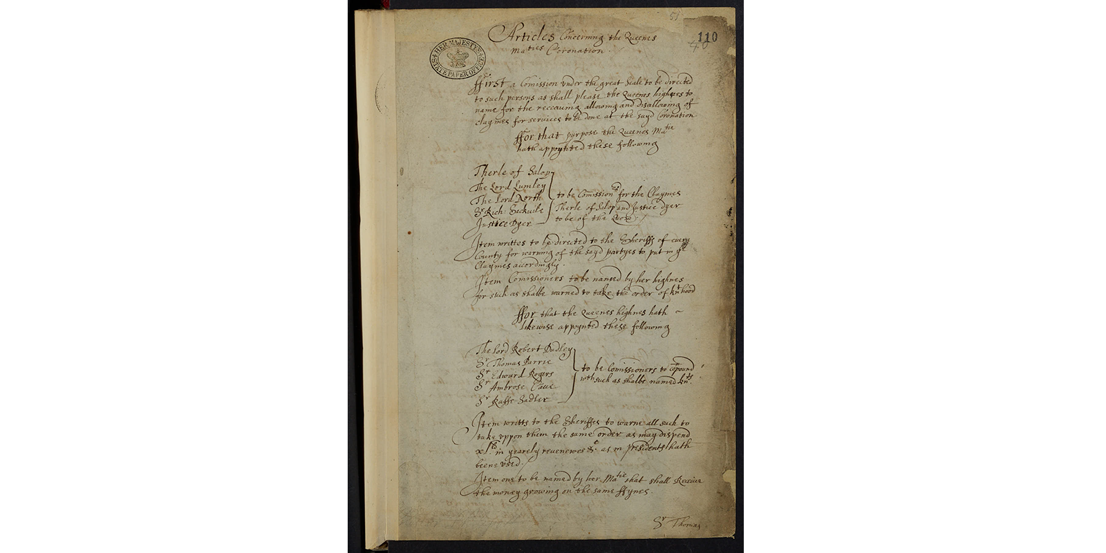 Plans for Elizabeth I's coronation, hand-written in English.