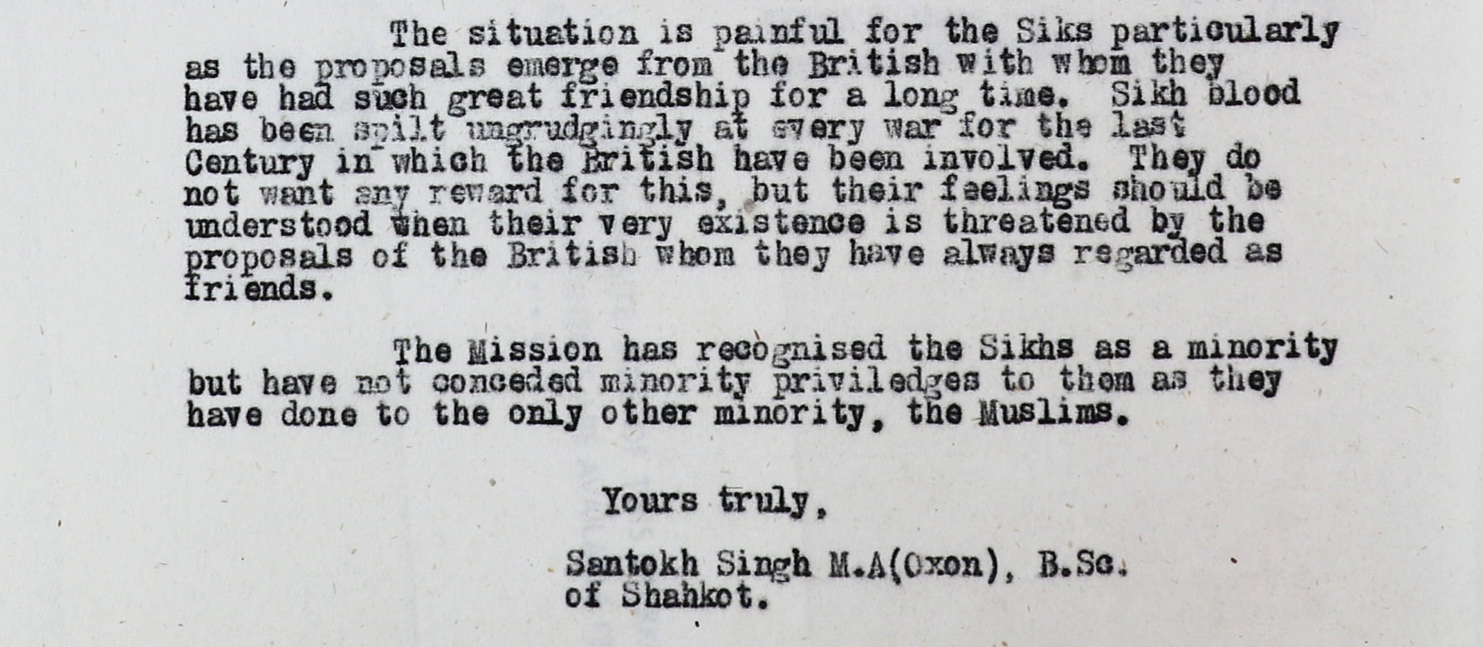 Letter from Santokh Singh