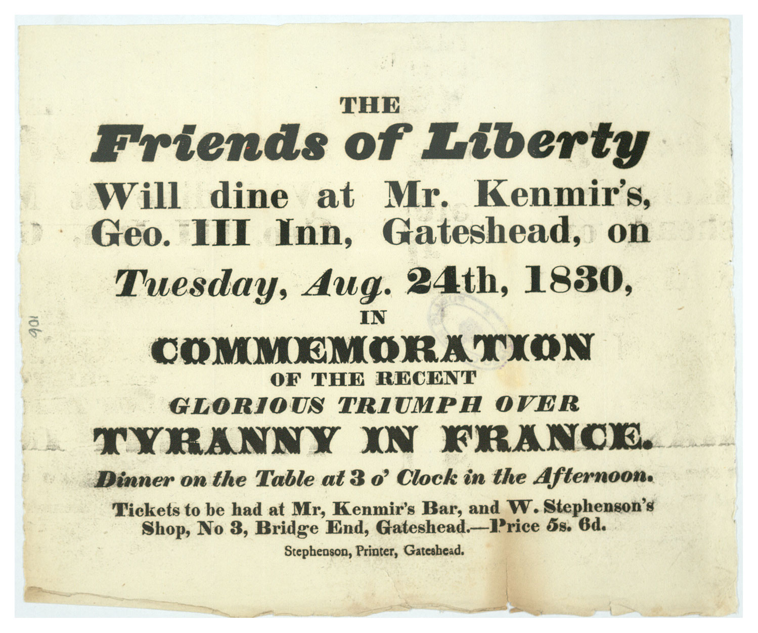 Advertisement for a dinner in Gateshead in August 1830 to celebrate the July 1830 revolution in France, Catalogue ref: HO 44/21