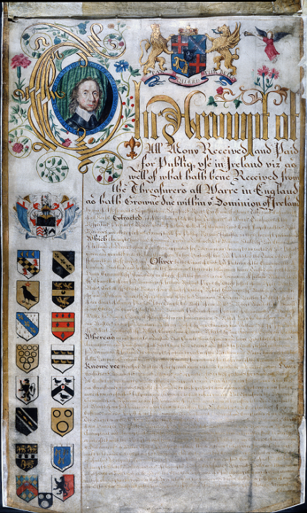 A decorated piece of parchment showing accounts of public money for use in Ireland 1649-1656, with a portrait of Oliver Cromwell in the top left corner and various insignia down the left hand side of the page (catalogue reference SP 63/281, folio 1)