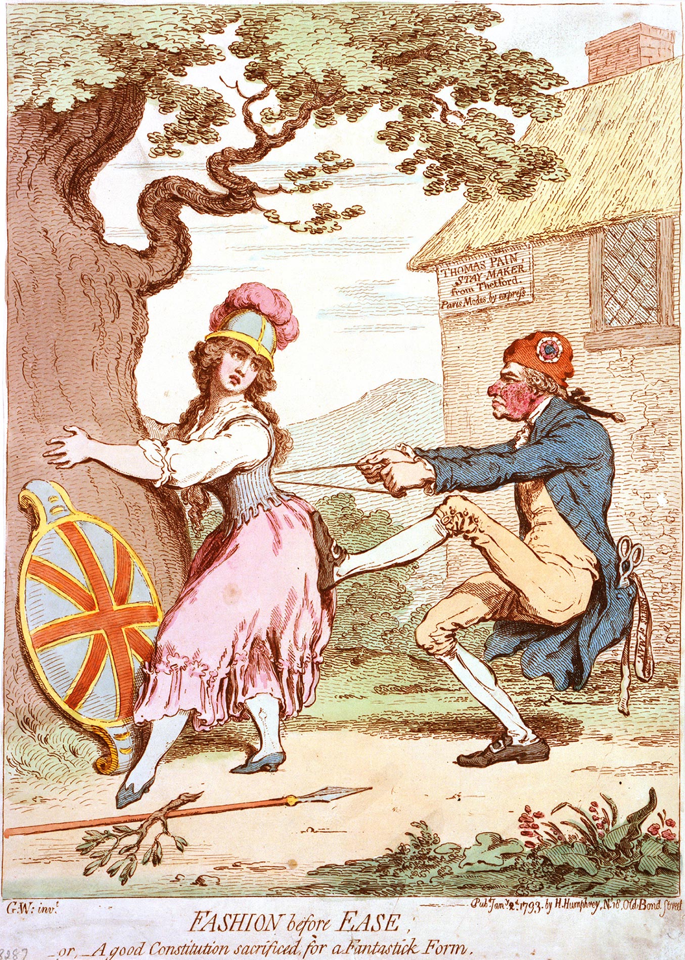 Illustration showing a man pulling the corset strings of a woman wearing a helmet like that typically worn by Britannia. The woman is holding on to an oak tree and Britannia’s shield is propped against the tree. On the ground lies Britannia’s spear. In the background, we see a house with a sign reading ‘Thomas Pain, Stay-maker from Thetford. Paris Modes by express’. The illustration is captioned ‘FASHION before EASE, or, A good Constitution sacrificed, for a Fantastick Form’.