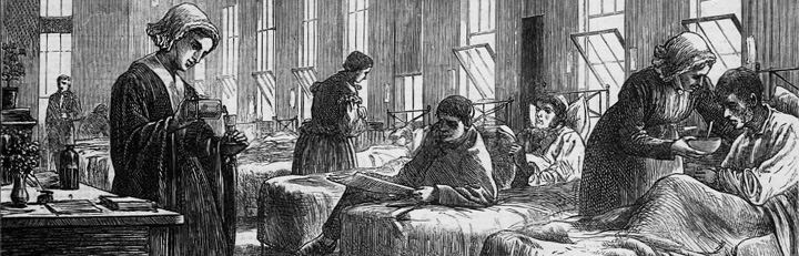 Illustration of Victorian nurses tending to patients on a ward