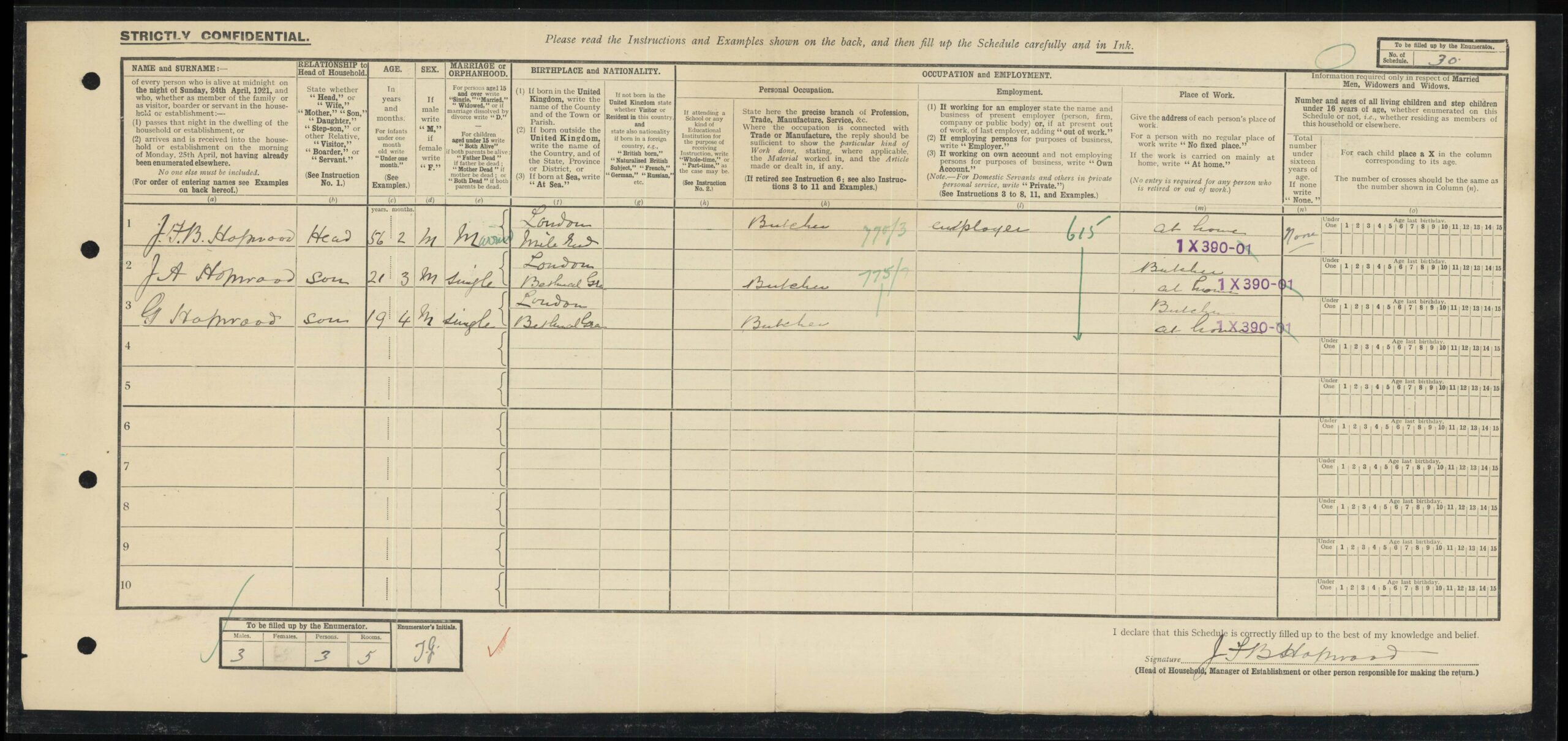 1921 Census record for 101 Grove Road Tower Hamlets