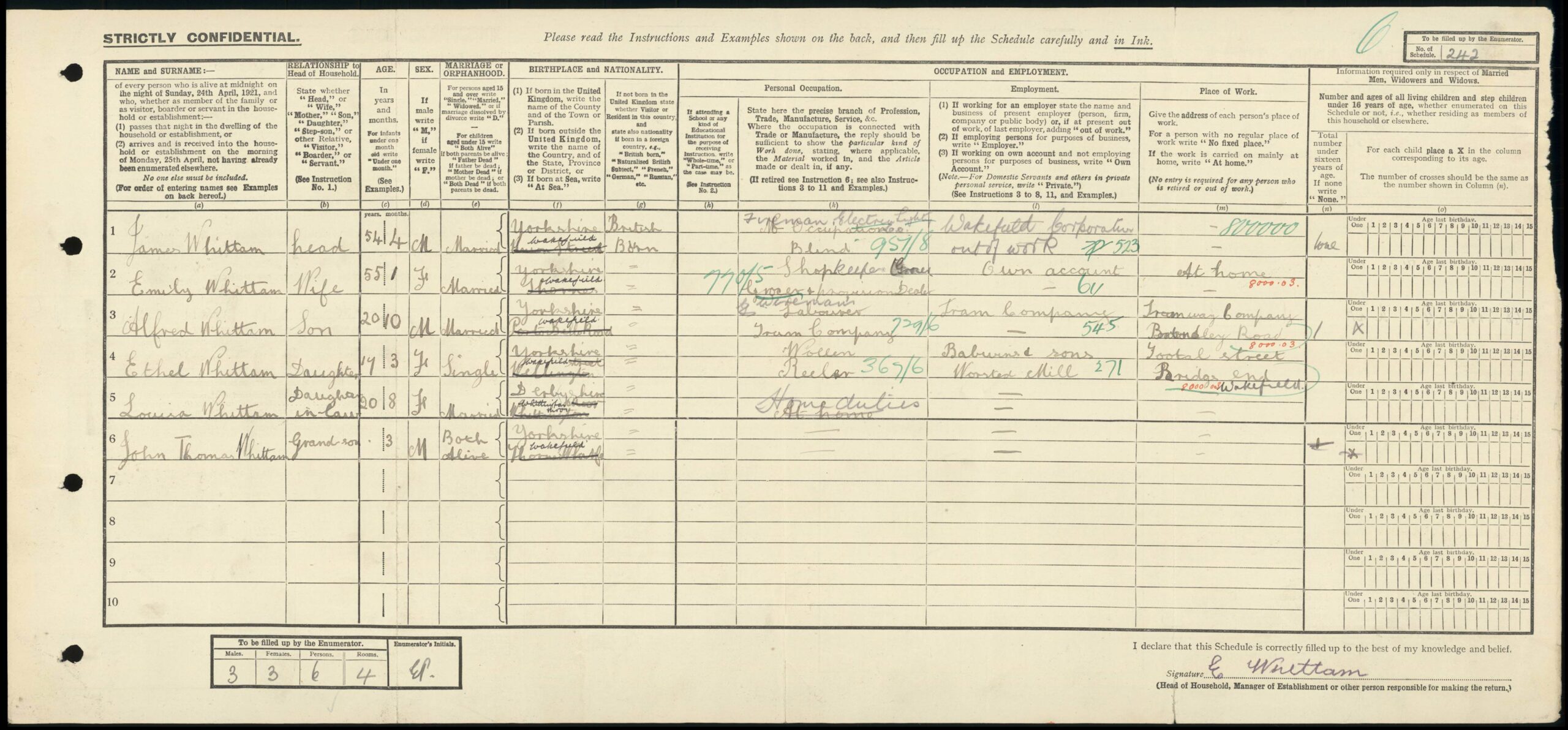 1921 Census entry for 68 Thornes Lane Wharf