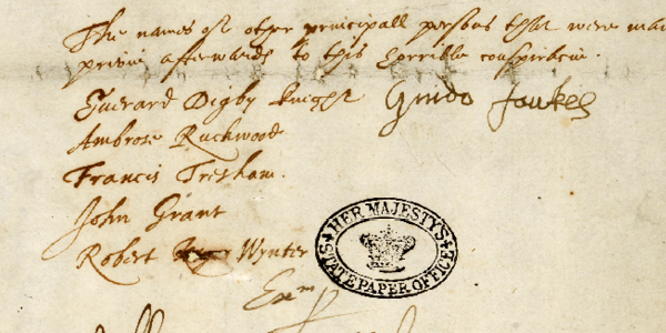 A section of the declaration signed by Guy Fawkes and his co-conspirators - a beige document with many signatures including Guido Fawkes. The document has a stamp from His Majesty's Public Record Office from a time when the archives stamped the documents.