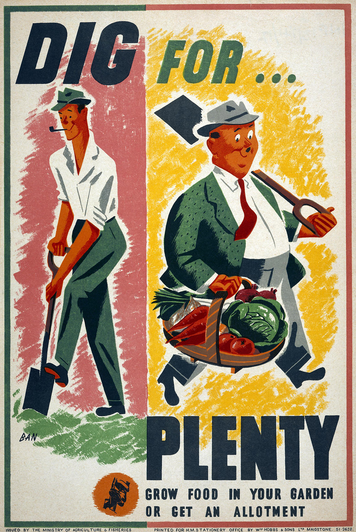 Poster featuring illustrations of two smiling men. One digs into the ground with a shovel and the other walks along holding a big basket of vegetables and a shovel over his shoulder.