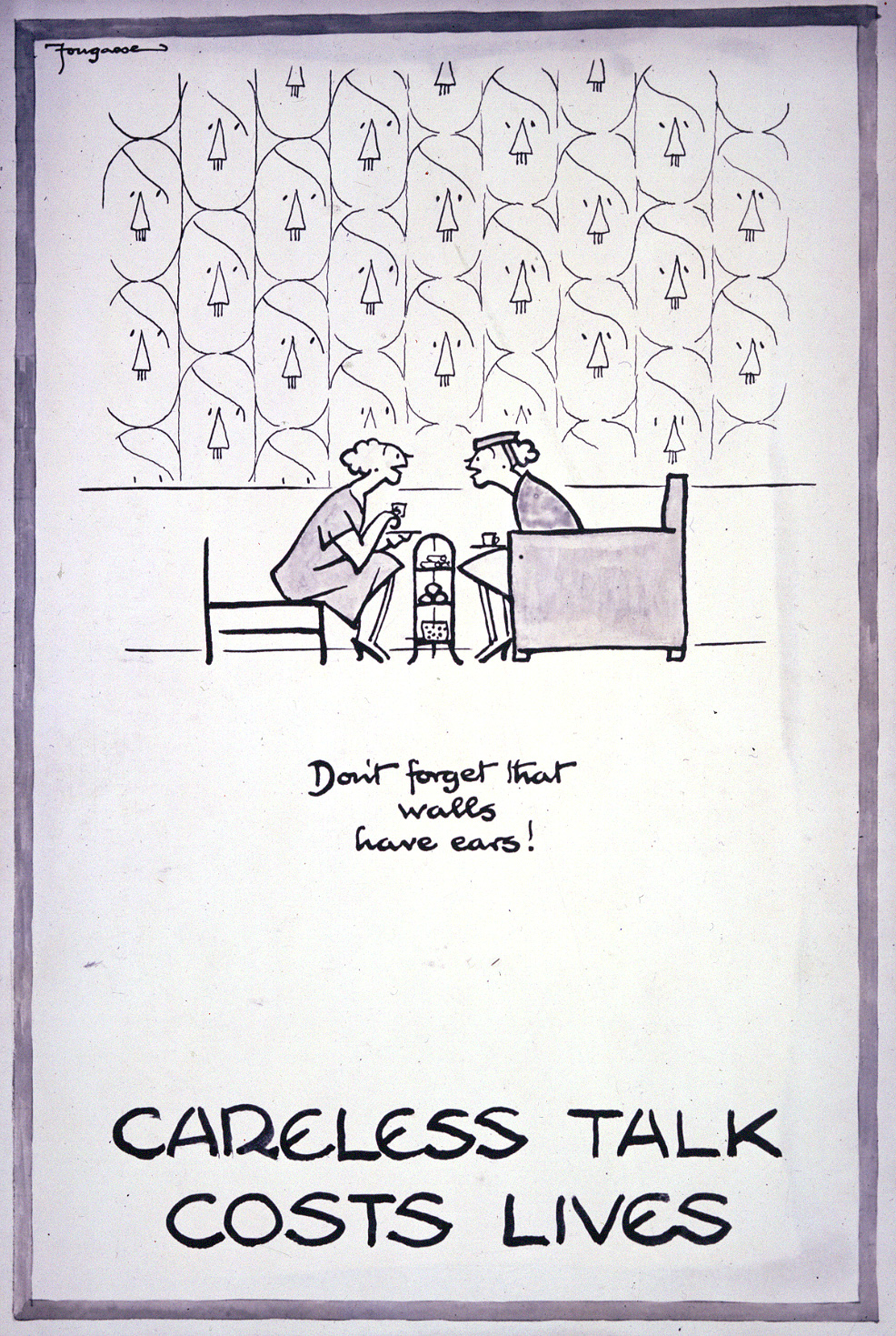 Poster with an illustration of two women chatting over afternoon tea. The wallpaper on the wall next to them is covered in a repeating pattern of Adolf Hitler's face.