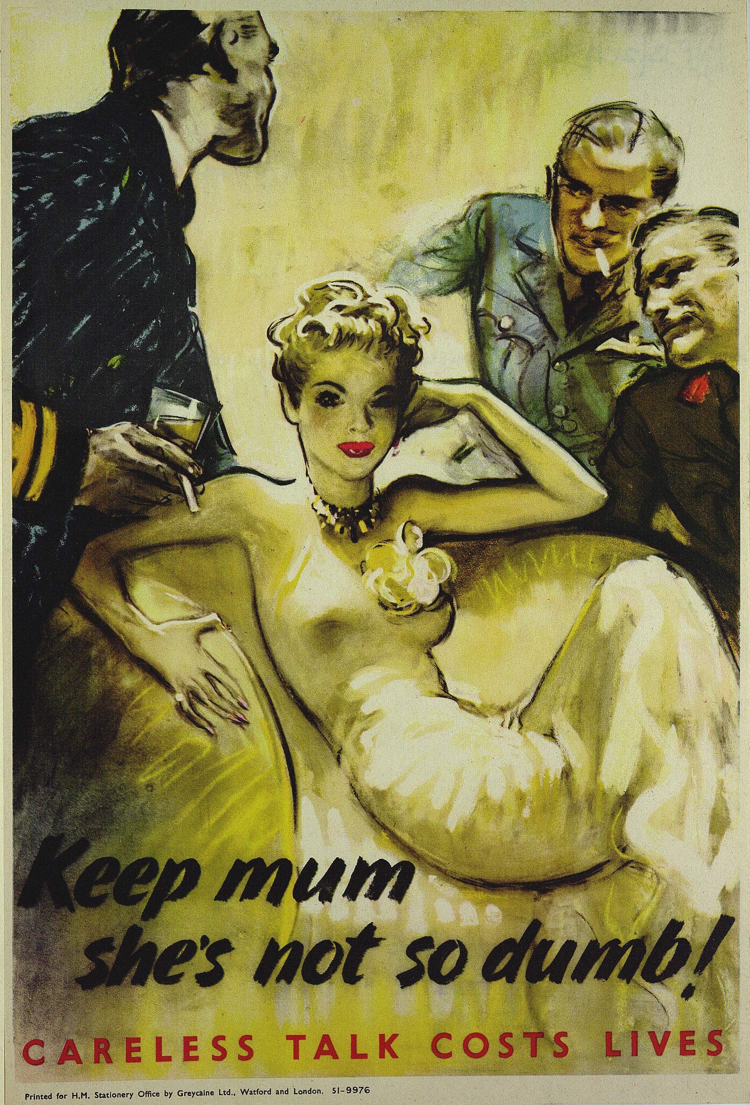 Poster with an illustration of a woman lounging on an armchair looking at the viewer while three men stand around and lean towards her.
